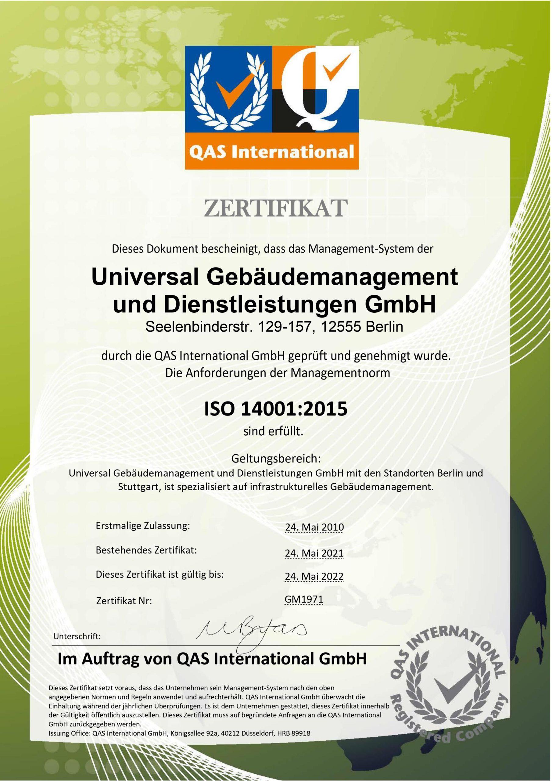 UNIVERSAL Gebäudemanagement und Dienstleistungen GmbH - Zertifikat ISO 14001