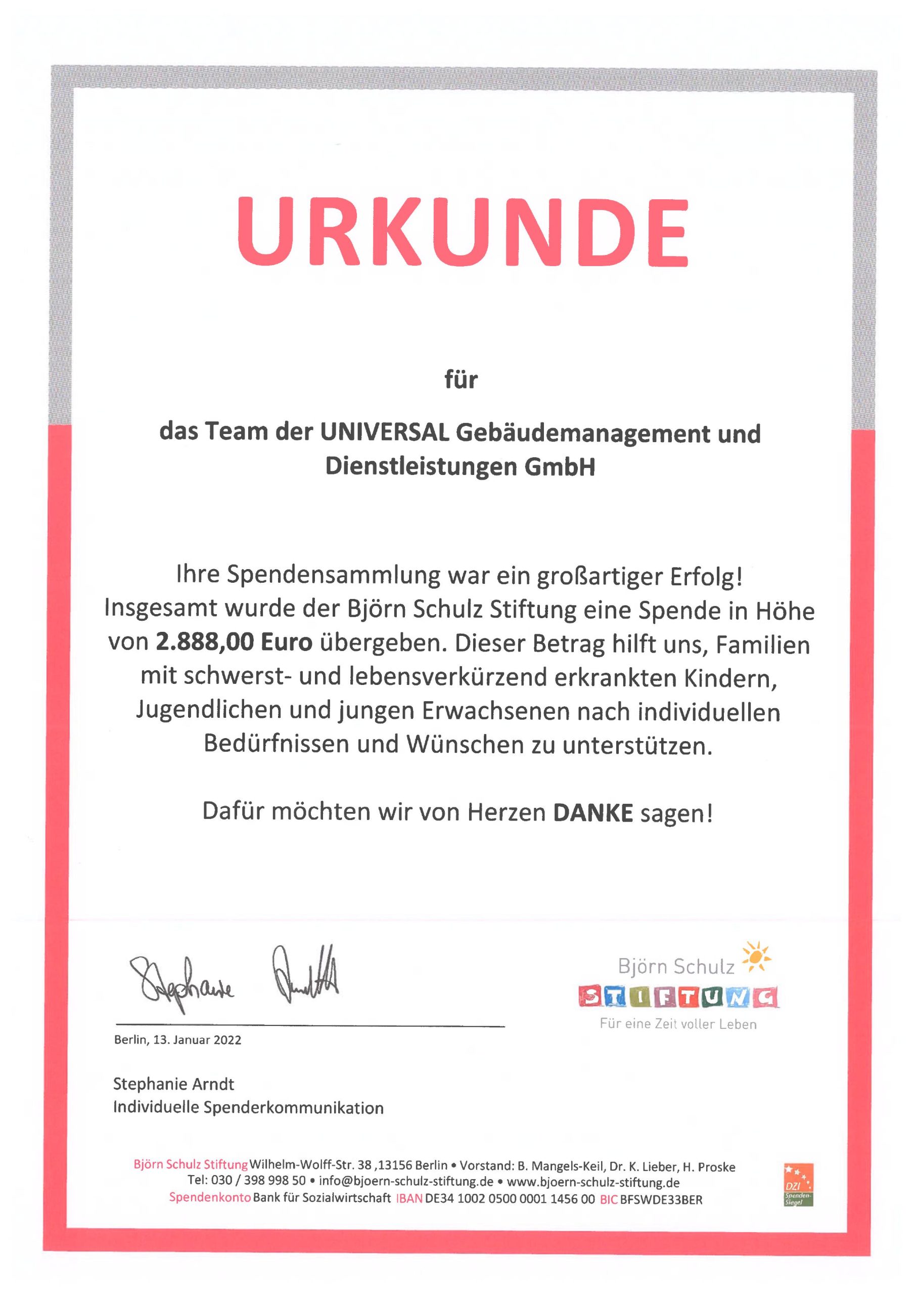 UNIVERSAL-Team unterstützt das Kinderhospiz Sonnenhof in Berlin